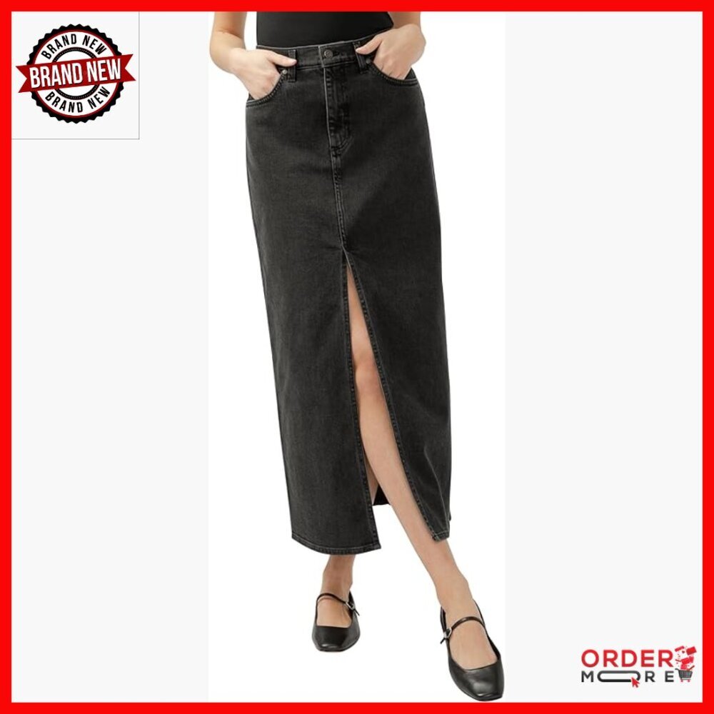 Front Slit Denim Maxi Skirt, Mid Rise, Below Knee, Cotton Blend
